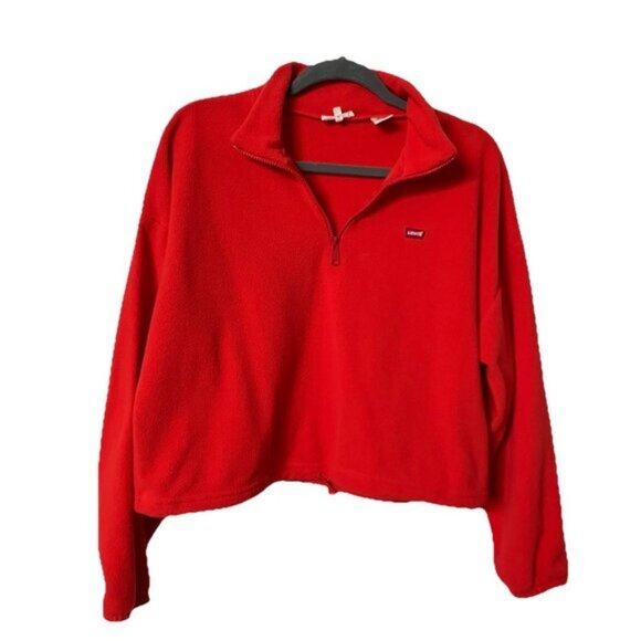 Levi's Half Zip Cropped Fleece Sweater Womens L Orange Red Drawstring - Picture 1 of 8